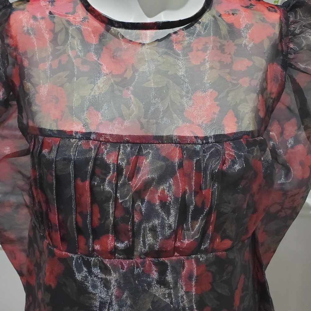 Floral Organza Puff Sleeve Babydoll Top - Picture 12 of 15